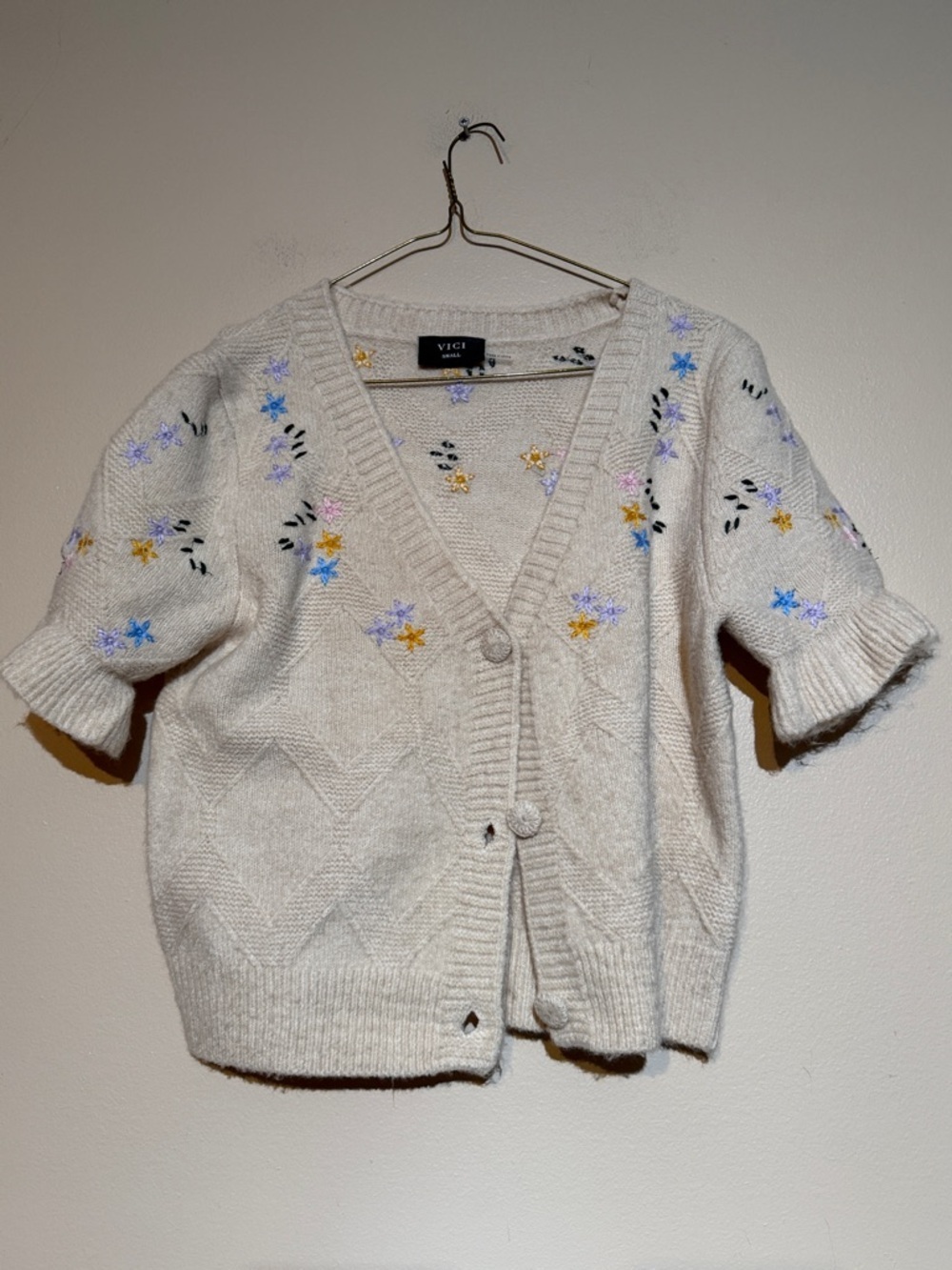 VICI Cream Short-Sleeve Embroidered Knit Cardigan